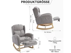 Mecedora de tela Teddy, diseño ergonómico con reposapiés ajustable, estructura de madera, gris (122,5 x 70 x 104 cm)