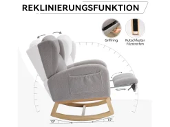 Mecedora de tela Teddy, diseño ergonómico con reposapiés ajustable, estructura de madera, gris (122,5 x 70 x 104 cm)