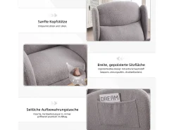 Mecedora de tela Teddy, diseño ergonómico con reposapiés ajustable, estructura de madera, gris (122,5 x 70 x 104 cm)