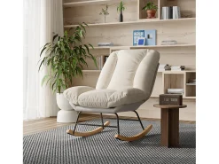 Mecedora ergonómica con cojín beige y estructura gris, tapizada en tela de lino y piel sintética.