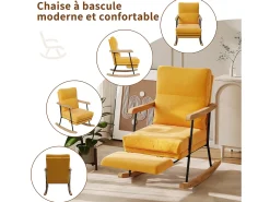 Mecedora ergonómica con reposapiés extensible, reclinable, en tejido de mezcla de algodón y lino, color amarillo