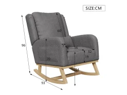 Mecedora moderna en tela de peluche con asiento acolchado de espuma y estructura de madera.