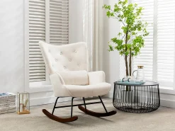 Mecedora moderna tapizada en terciopelo para sala de estar, con respaldo alto y patas de madera, color beige