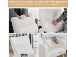 Mecedora, sillón relax, con bolsillos y patas de madera, terciopelo Teddy beige