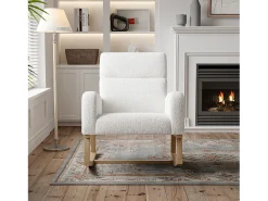 Mecedora, sillón relax, con bolsillos y patas de madera, terciopelo Teddy beige