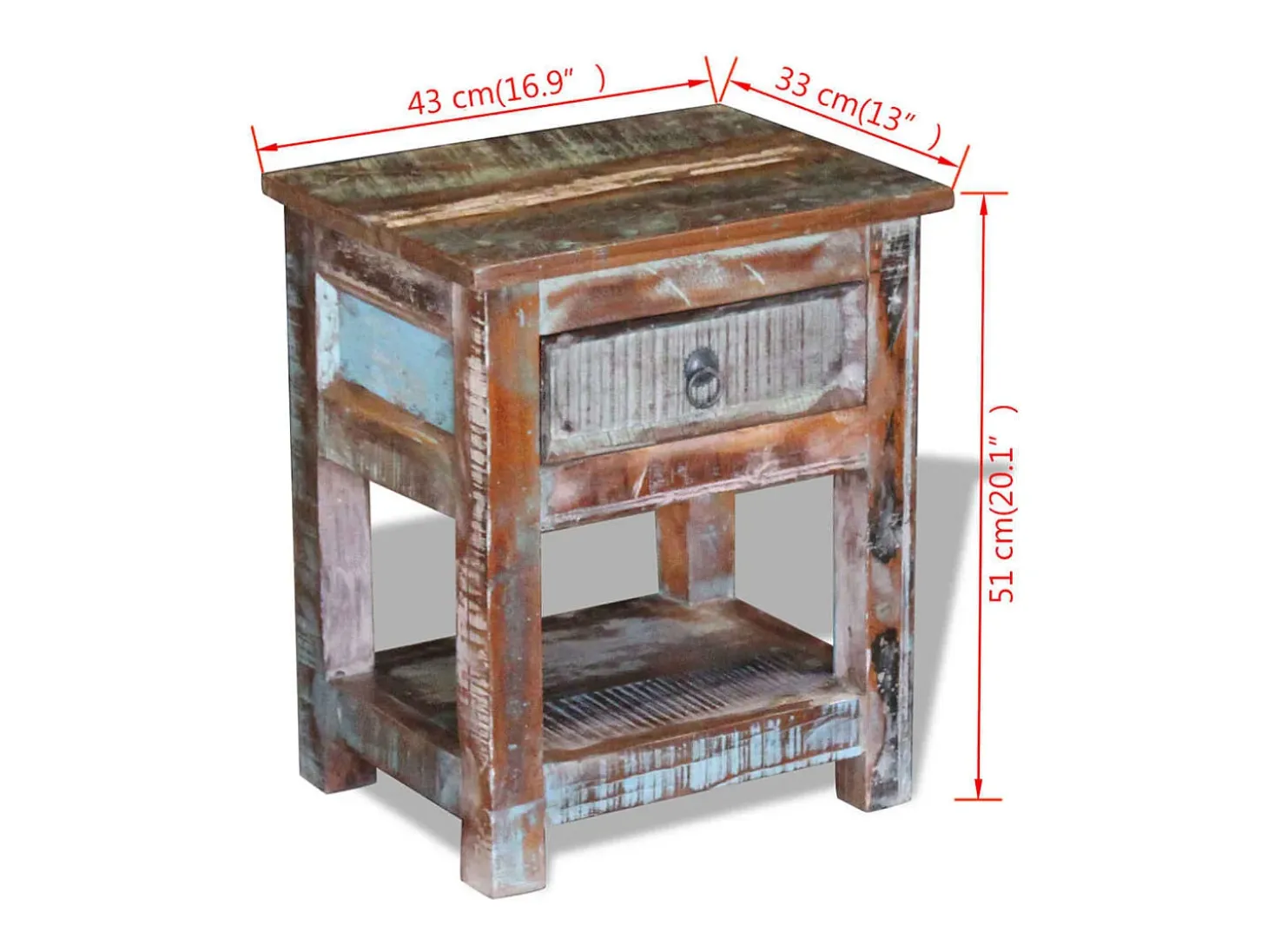 Mesa auxiliar con 1 cajón madera maciza reciclada 43x33x51 cm