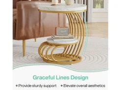 Mesa auxiliar de mármol artificial de dos niveles, Mesa de noche moderna en oro blanco con marco en forma de arco de metal para el salón (1 unidad)