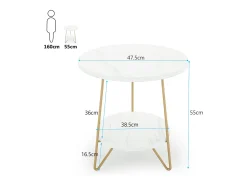 Mesa auxiliar de mármol artificial de dos niveles, Mesa auxiliar redonda con estanterías, Mesa de noche moderna dorada, Blanca y dorada