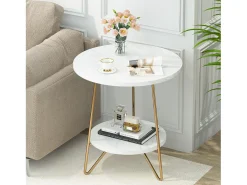 Mesa auxiliar de mármol artificial de dos niveles, Mesa auxiliar redonda con estanterías, Mesa de noche moderna dorada, Blanca y dorada