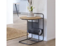 Mesa auxiliar industrial de madera de abeto y metal Denise con portarevistas