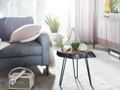 Mesa auxiliar madera maciza de acacia / metal industrial 40x40x32cm