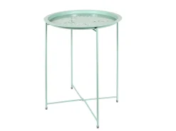 Mesa auxiliar redonda plegable de metal verde agua 47x60 cm, anti-UV y anti-óxido, para uso interior y exterior