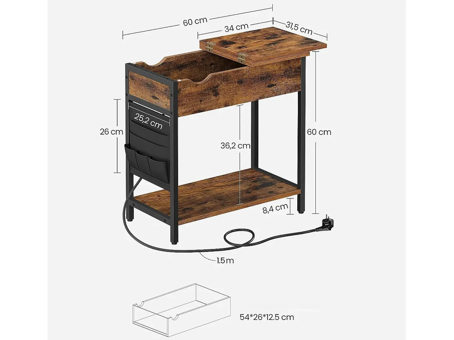 Mesa auxiliar rústica marrón estilo loft con estante Valora | Vintage