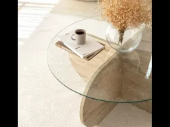 Mesa baja de madera efecto piedra y tablero de vidrio RIBE