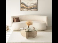 Mesa baja de madera efecto piedra y tablero de vidrio RIBE
