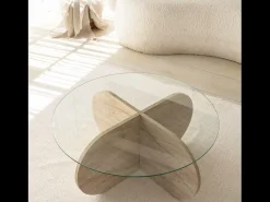 Mesa baja de madera efecto piedra y tablero de vidrio RIBE