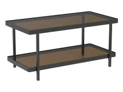 Mesa baja de metal negro con 2 bandejas de vidrio ahumado L100 cm - ORA