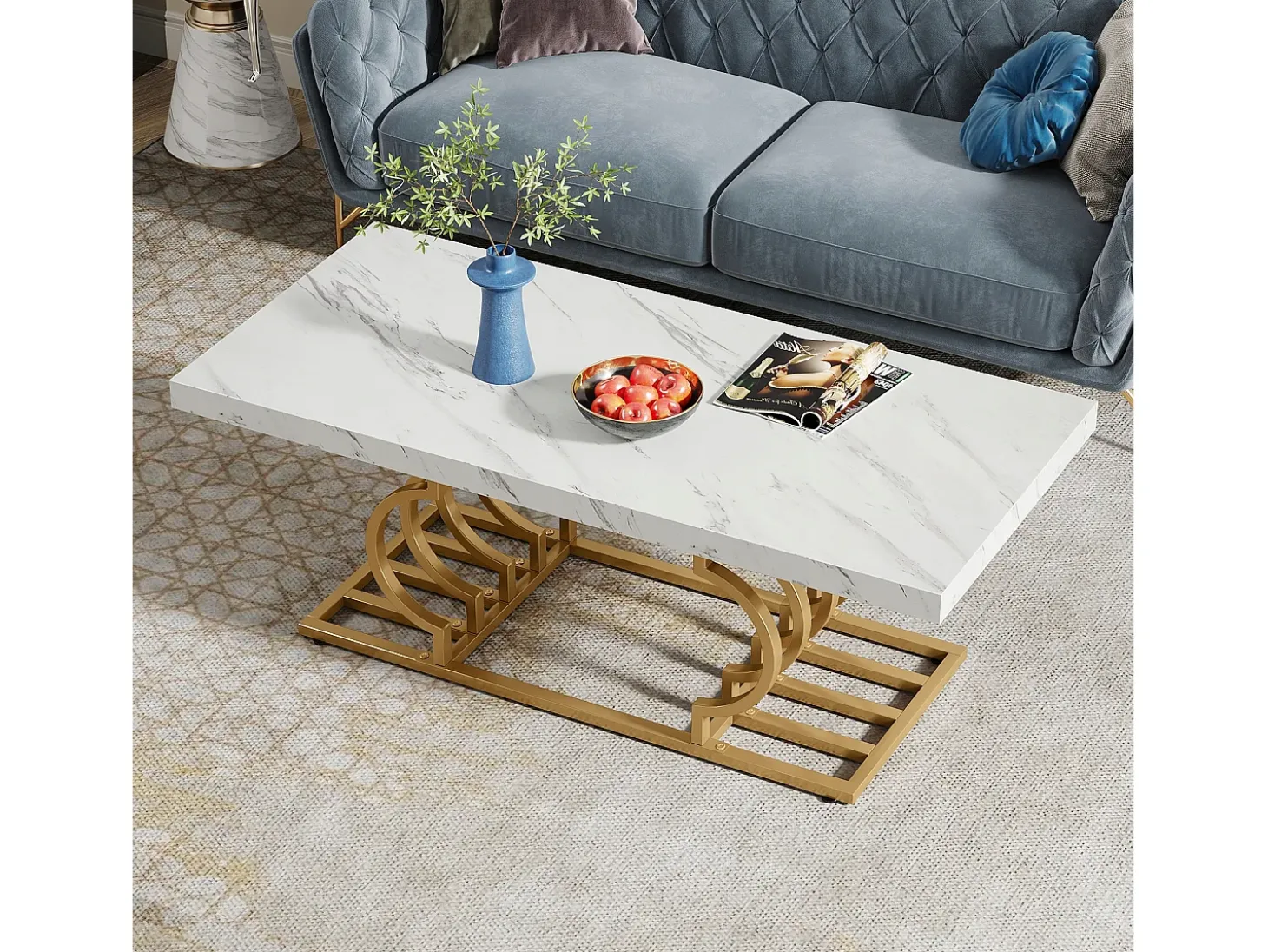 Mesa Baja Moderna, Mesa de Cóctel de Falso Mármol con Patas Geométricas, Mesa Auxiliar de Sofá Rectangular, Blanco y Oro