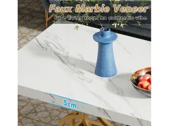 Mesa Baja Moderna, Mesa de Cóctel de Falso Mármol con Patas Geométricas, Mesa Auxiliar de Sofá Rectangular, Blanco y Oro