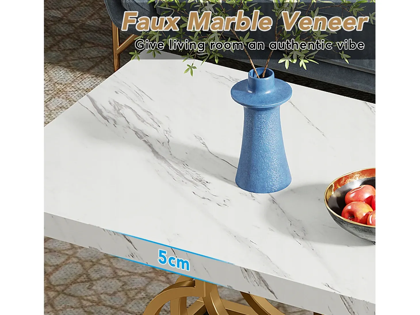 Mesa Baja Moderna, Mesa de Cóctel de Falso Mármol con Patas Geométricas, Mesa Auxiliar de Sofá Rectangular, Blanco y Oro