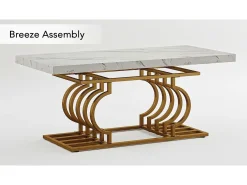 Mesa Baja Moderna, Mesa de Cóctel de Falso Mármol con Patas Geométricas, Mesa Auxiliar de Sofá Rectangular, Blanco y Oro
