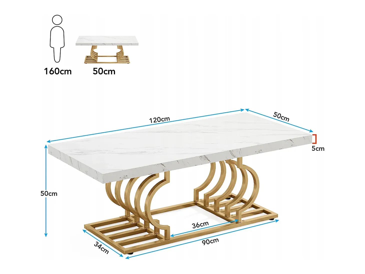 Mesa Baja Moderna, Mesa de Cóctel de Falso Mármol con Patas Geométricas, Mesa Auxiliar de Sofá Rectangular, Blanco y Oro