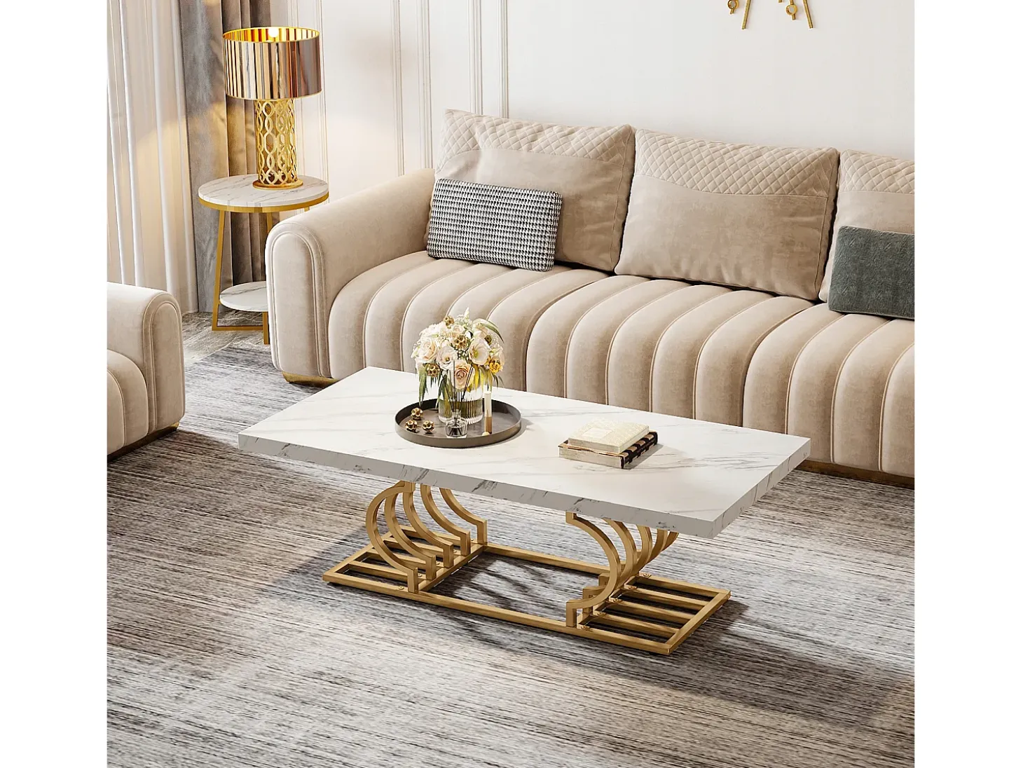 Mesa Baja Moderna, Mesa de Cóctel de Falso Mármol con Patas Geométricas, Mesa Auxiliar de Sofá Rectangular, Blanco y Oro