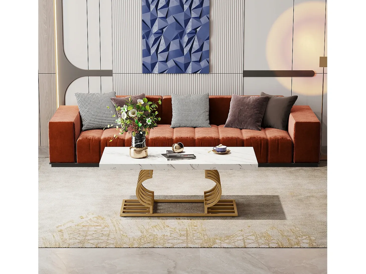 Mesa Baja Moderna, Mesa de Cóctel de Falso Mármol con Patas Geométricas, Mesa Auxiliar de Sofá Rectangular, Blanco y Oro