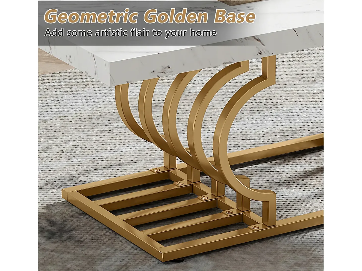 Mesa Baja Moderna, Mesa de Cóctel de Falso Mármol con Patas Geométricas, Mesa Auxiliar de Sofá Rectangular, Blanco y Oro