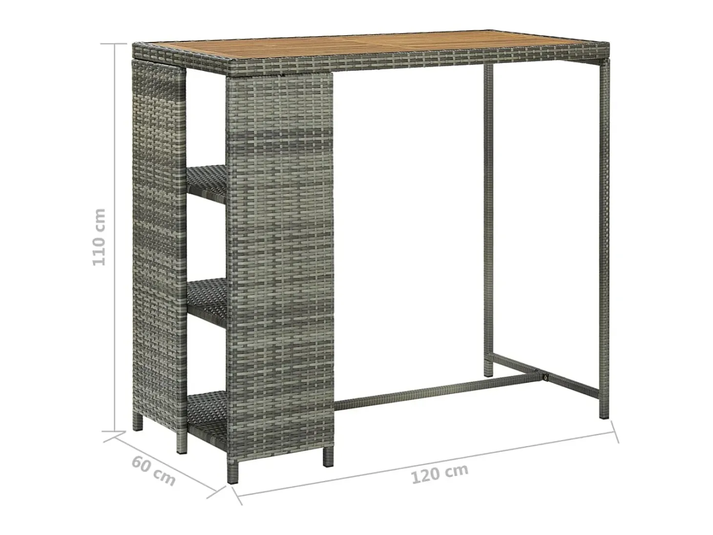 Mesa bar estante almacenaje 120x60x110 cm ratán sintético gris
