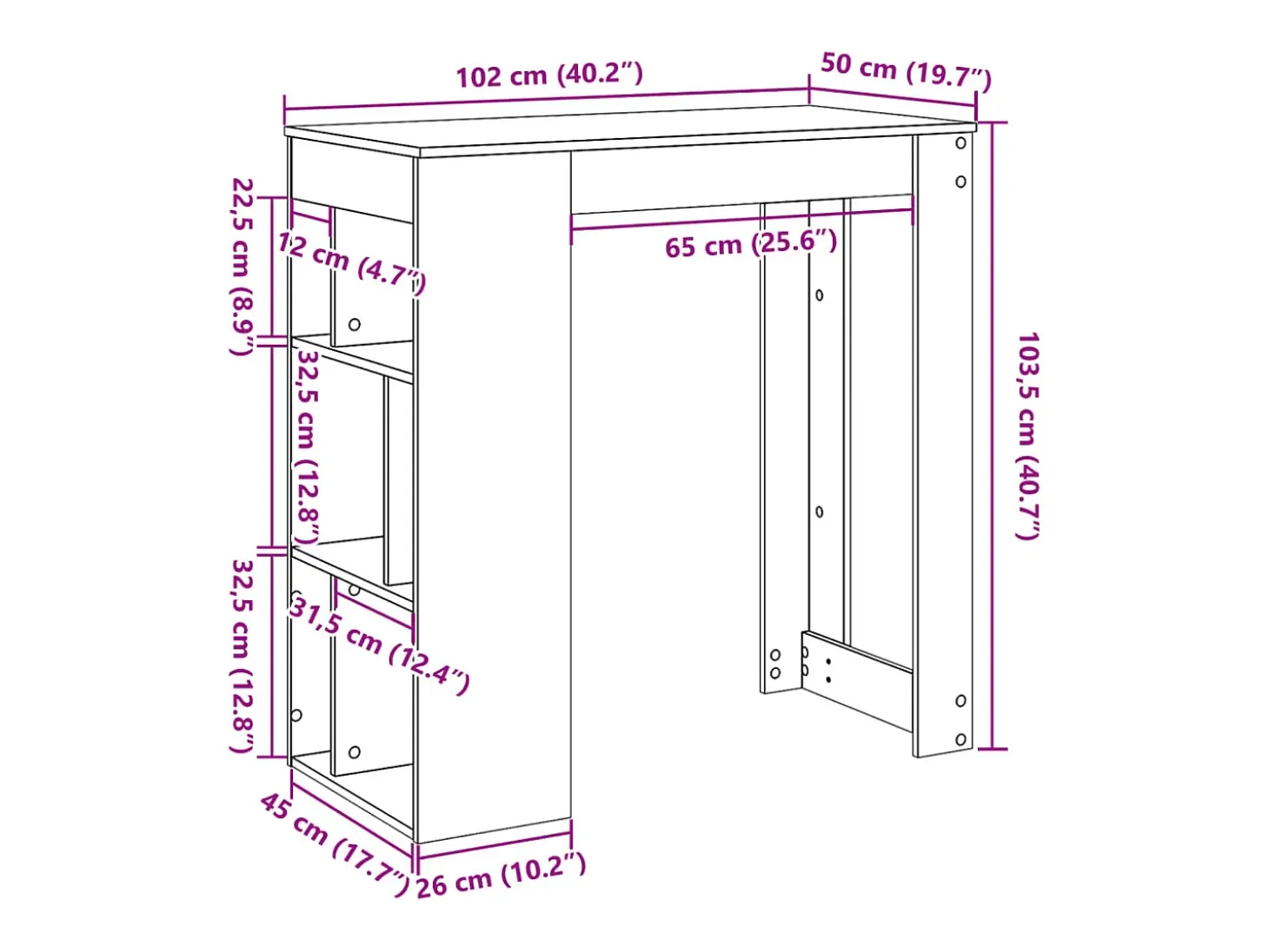 Mesa bar y estantes madera ingeniería envejecida 102x50x103,5cm