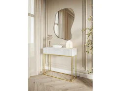Mesa consola con cajón - 90 cm - blanca con patas de metal dorado - VELDIO