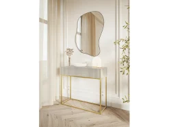 Mesa consola con cajón - 90 cm - taupe (gris-beige) con patas de metal dorado - VELDIO