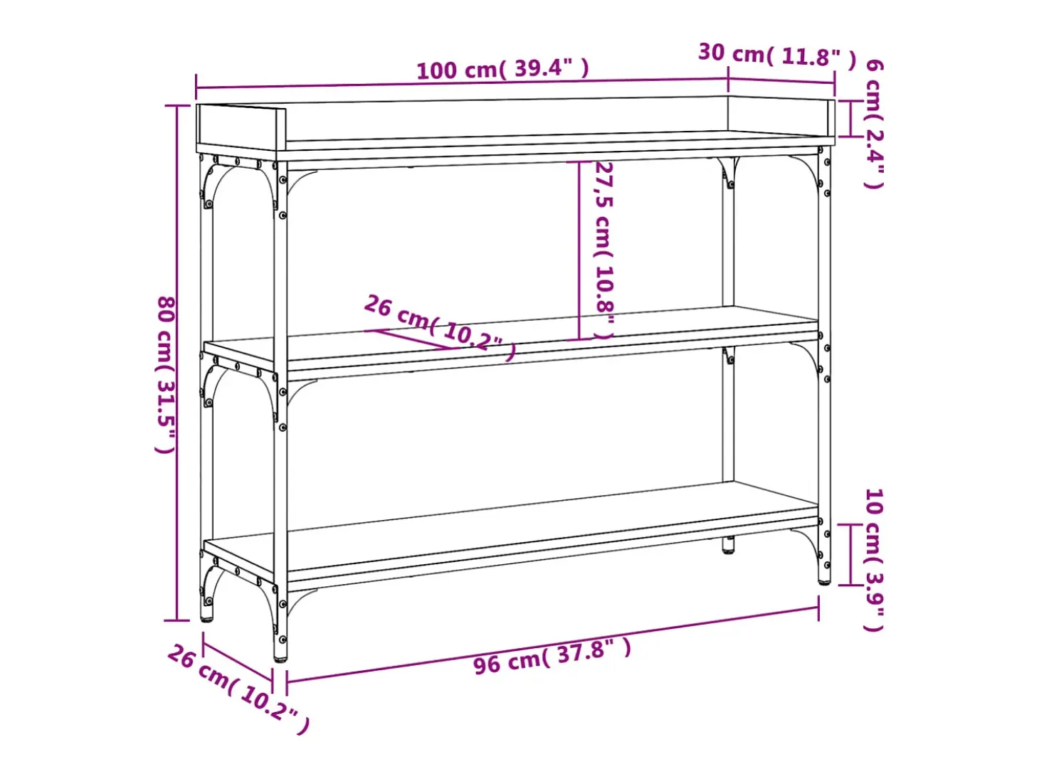 Mesa consola con estantes negro 100x30x80 cm