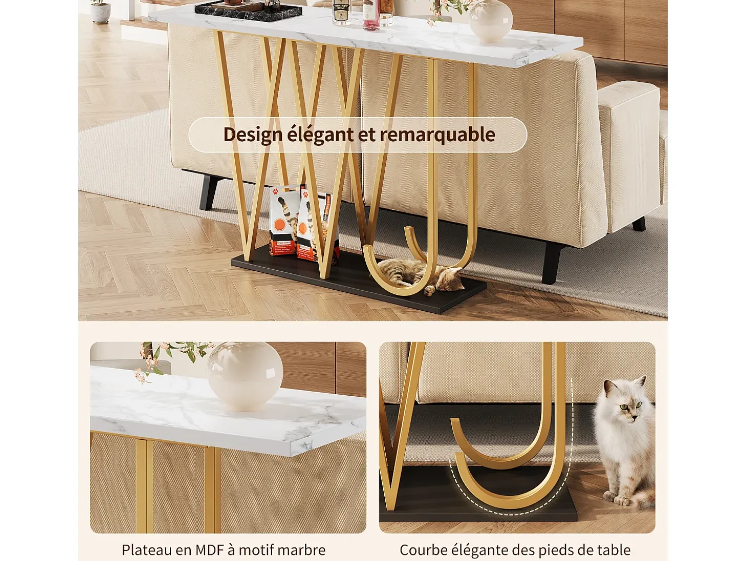 Mesa consola con patas de metal dorado - Tapa efecto mármol 120 x 29,5 x 80 cm