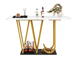 Mesa consola con patas de metal dorado - Tapa efecto mármol 120 x 29,5 x 80 cm