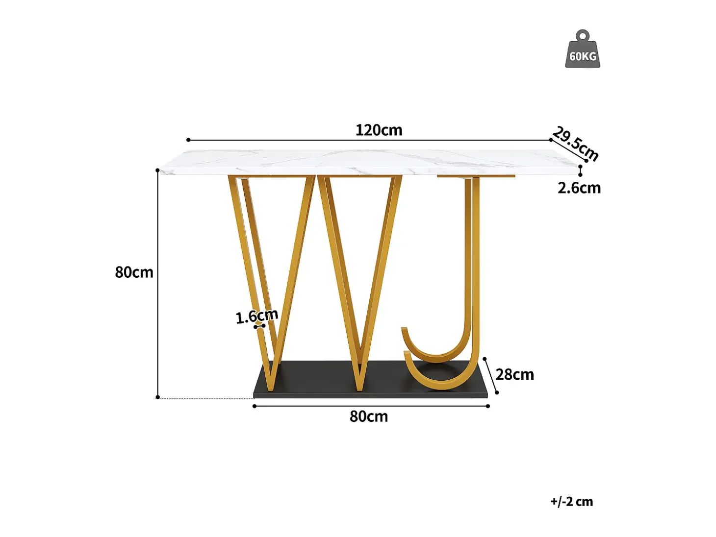 Mesa consola con patas de metal dorado - Tapa efecto mármol 120 x 29,5 x 80 cm