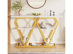 Mesa consola con tablero efecto mármol - Patas de metal dorado - Blanco