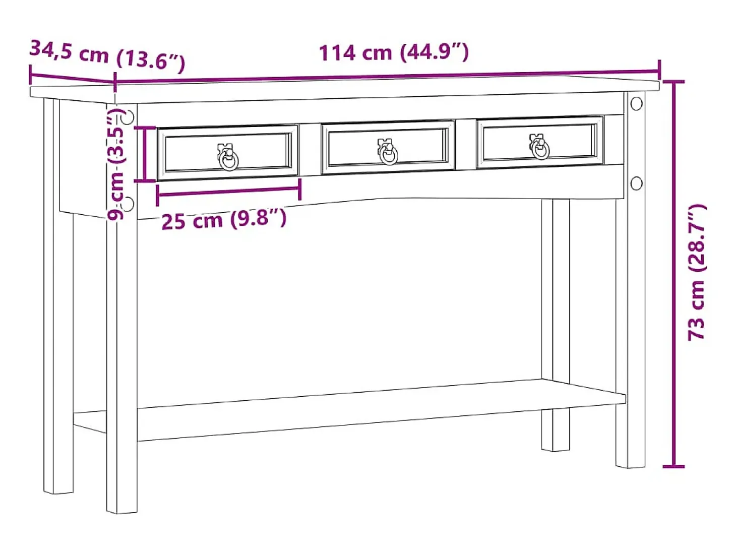 Mesa consola "Corona" 114x34,5x73 cm Madera maciza de pino