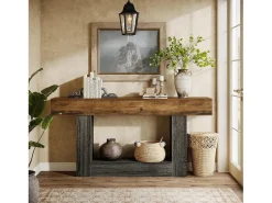 Mesa consola de 160 cm de largo, mesa de entrada de 2 niveles, mesa de sofá con almacenamiento, mesa de sofá de madera de estilo rústico para sala de estar, pasillo