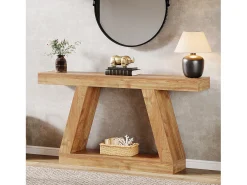 Mesa consola de casa de campo, mesa de sofá rústica de 140 cm con almacenamiento, marrón natural