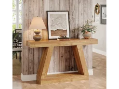 Mesa consola de casa de campo, mesa de sofá rústica de 140 cm con almacenamiento, marrón natural