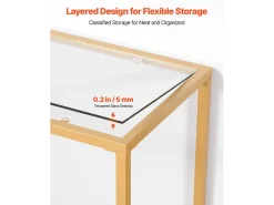 Mesa Consola de Cristal SucceBuy de 2 Niveles, Mesita Auxiliar con Tablero de Cristal Templado, Patas de Hierro y Dispositivo Antivuelco, Dorada