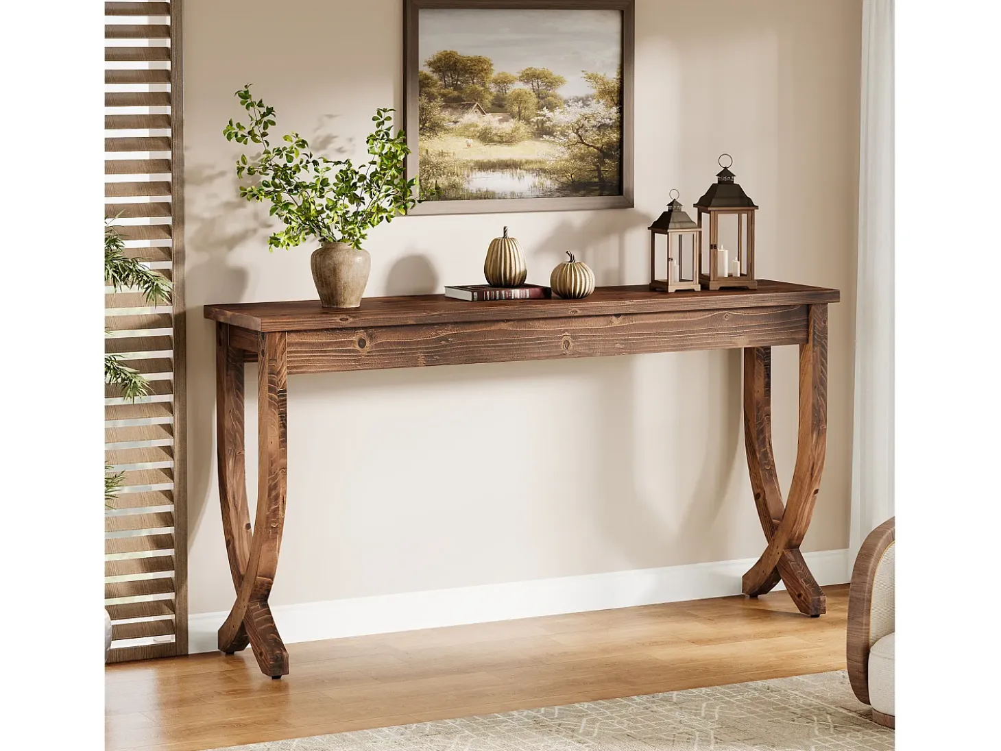 Mesa consola de madera maciza de 160 cm, mesa de entrada de estilo campestre, larga mesa de sofá
