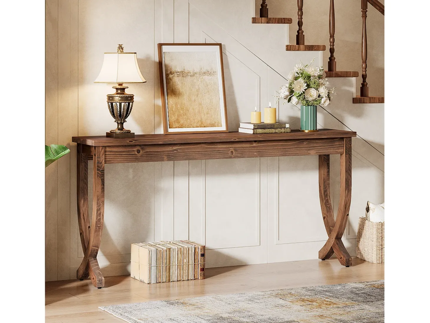 Mesa consola de madera maciza de 160 cm, mesa de entrada de estilo campestre, larga mesa de sofá