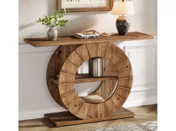 Mesa consola de madera maciza con almacenamiento, mesa de sofá rústica con 3 estantes y base circular tallada