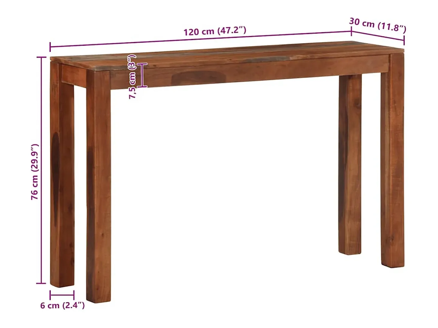 Mesa consola de madera maciza de acacia 120x30x76 cm