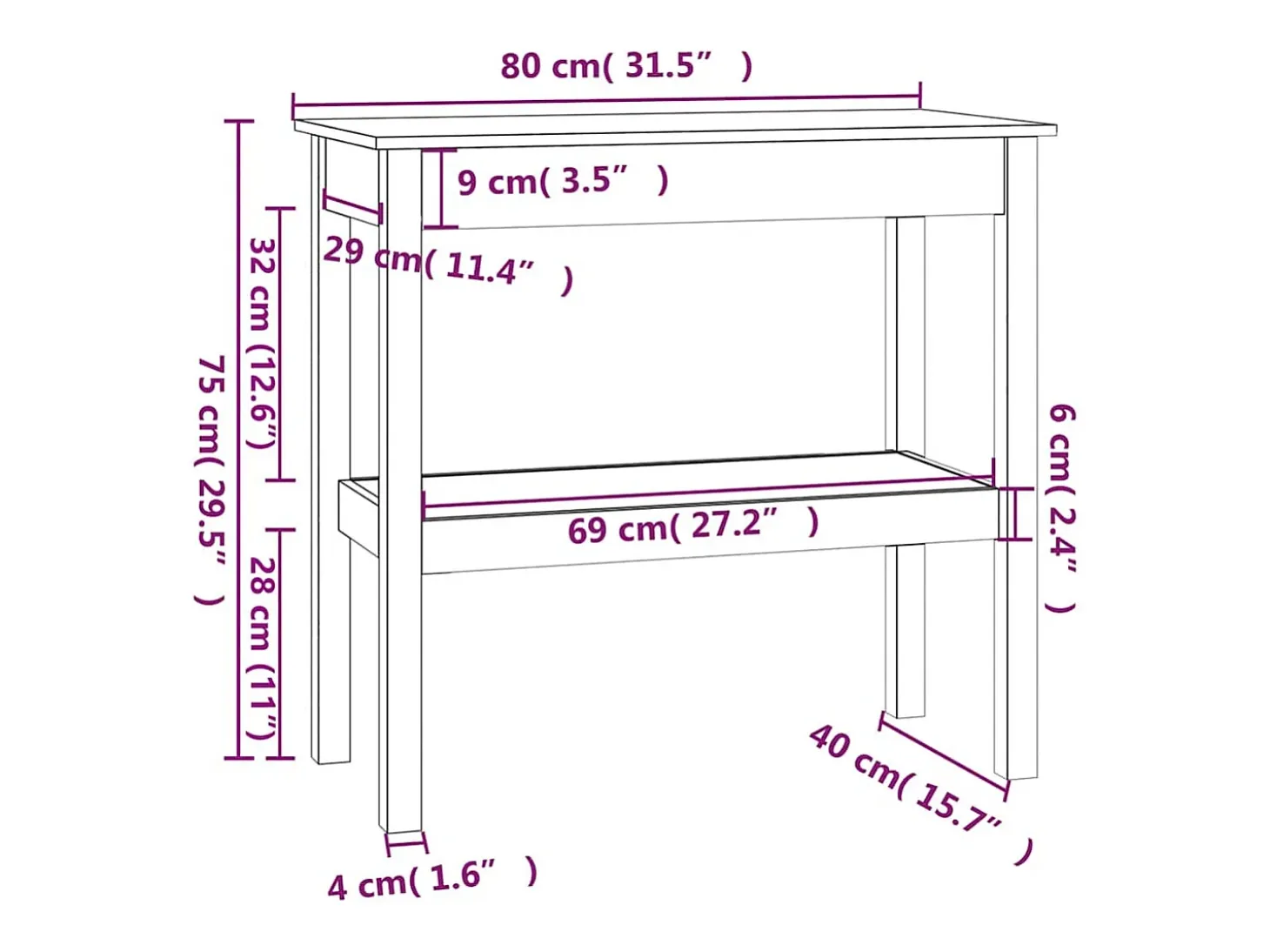 Mesa consola de madera maciza de pino blanco 80x40x75 cm