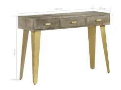 Mesa consola de madera mango maciza gris y latón 110x35x76 cm