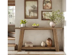 Mesa consola de madera maciza de 160 cm, mesa de entrada estilo casa de campo con estante de 2 niveles